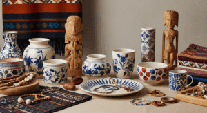 Collection d'objets d'artisanat du monde : poteries en céramique bleue et blanche, statuettes en bois sculpté, bijoux et textiles ethniques posés sur une table.