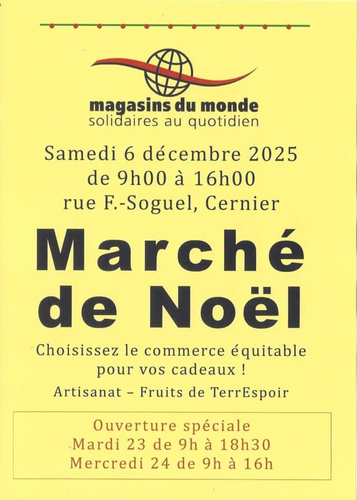 Affiche du Magasin du Monde de Cernier participe au Marché de Noël avec un stand devant le magasin.
