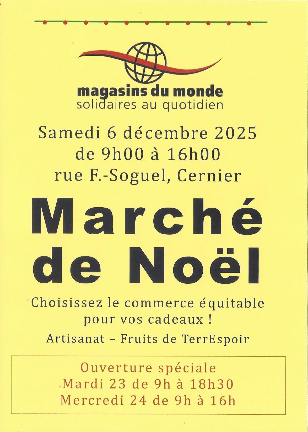 Affiche du Magasin du Monde de Cernier participe au Marché de Noël avec un stand devant le magasin.