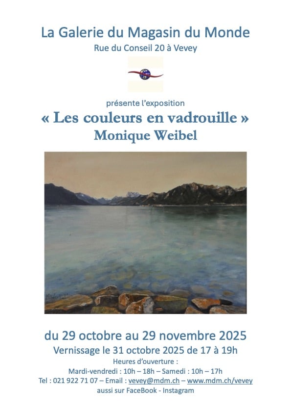 Affiche de l’exposition « Les couleurs en vadrouille » de Monique Weibel à la Galerie du Magasin du Monde à Vevey, du 29 octobre au 29 novembre 2025.