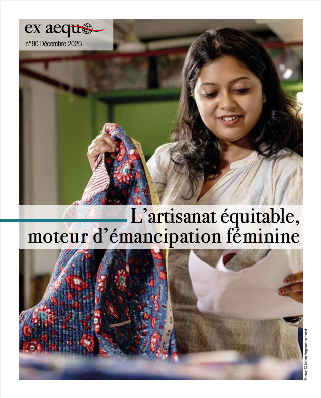Couverture du journal ex aequo 90 montrant une artisane du commerce équitable
