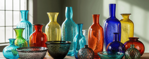 Collection de bouteilles, vases et bols colorés en verre soufflé et recyclé, posés sur une table en bois.